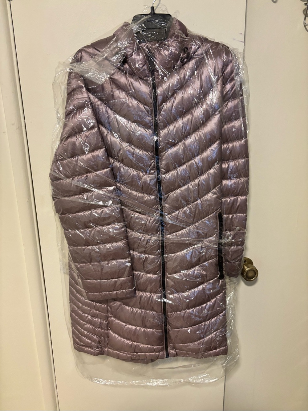 Calvin Klein Metallic Mauve Long Chevron Puffer Coat